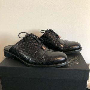 Black croc embossed lace-up mule